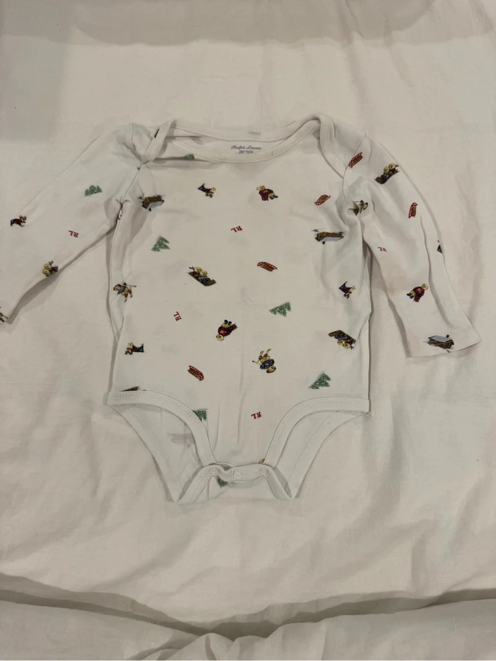 Ralph Lauren White Long-Sleeve Bodysuit with Tiny Multicolor Prints